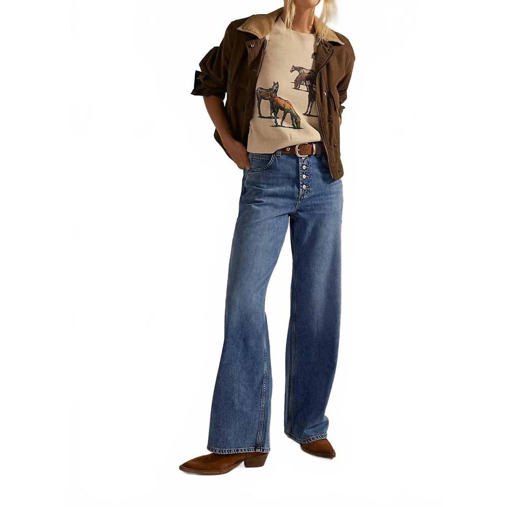 Free People Medium Blue High-Rise Button-Fly Boyfriend Jeans